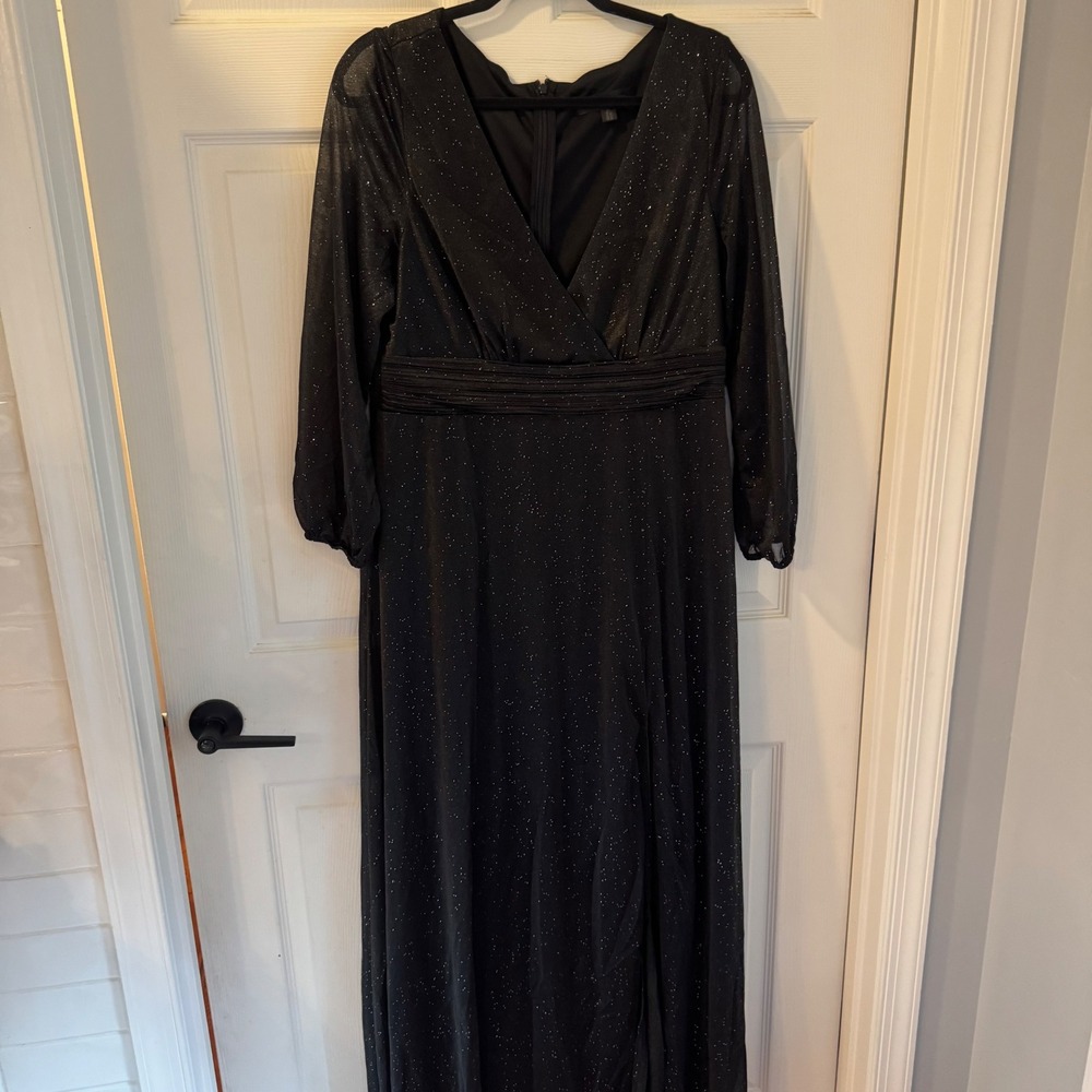 Ever-Pretty‎ Maxi Dress Women Black Glitter V-Neck Long Sleeve Evening Gown